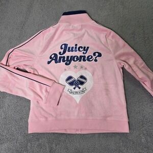 Juicy Couture‎ Womens Large Velour Track Jacket Pink Pickleball Glitter Graphic